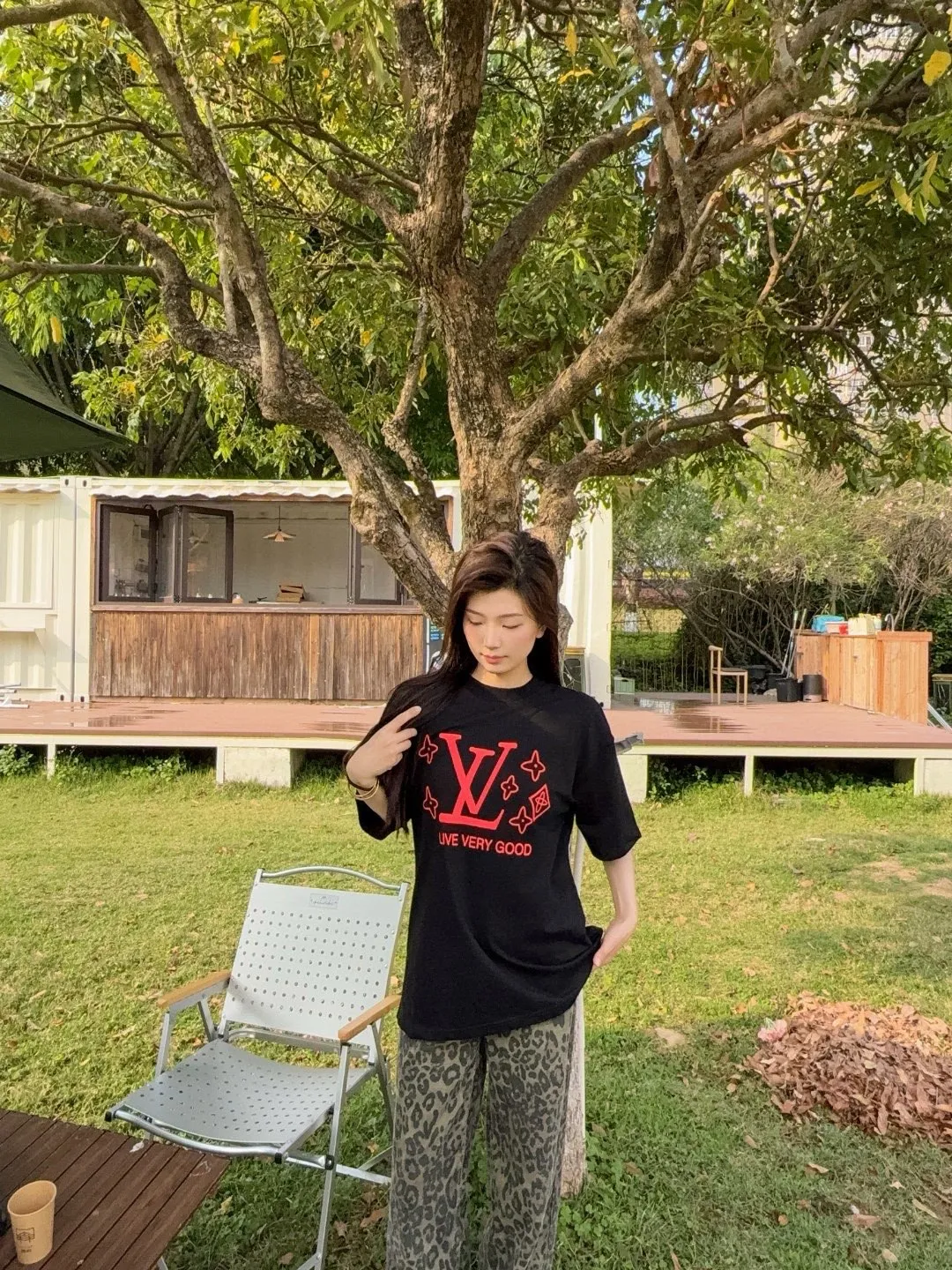Louis Vuitton/Louis Vuitton 25ss presbyopic letter logo foam printed short sleeves